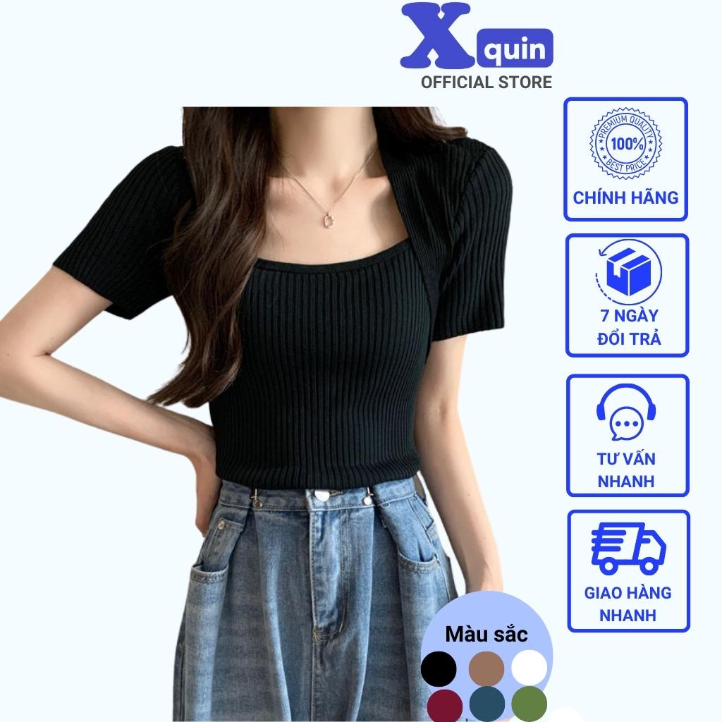Áo croptop nữ ngắn tay cổ vuông Xquin, Áo kiểu nữ ôm body chùm vai chất len tăm mềm mịn