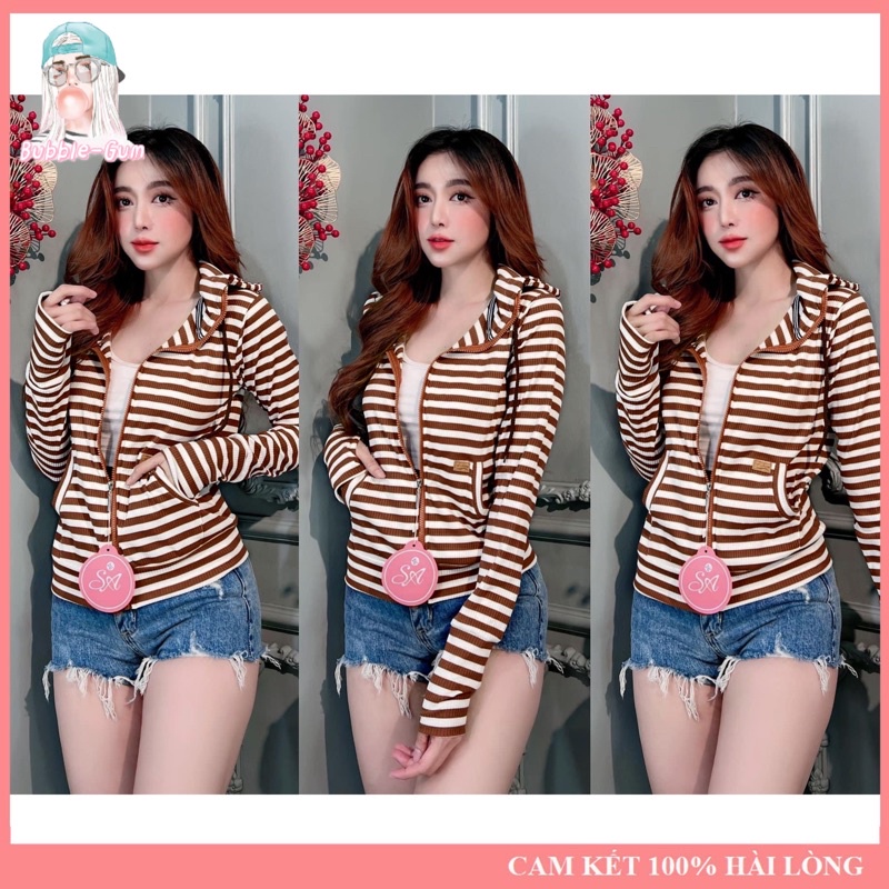 Áo Khoác Nữ Sọc Màu Chất Liệu Thun Gân Tay Xỏ Ngón Có 6 Túi Freesize Dưới 60kg BUBBLE GUM