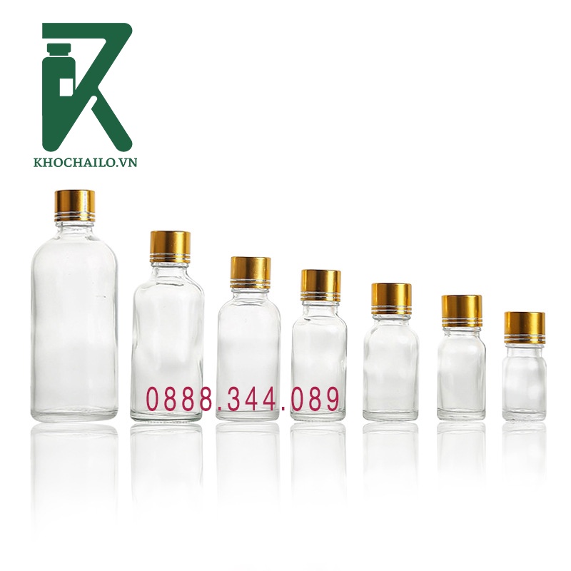 Vỏ chai tinh dầu serum trắng trong nắp vàng hai vạch 5ml,10ml,15ml,20ml,30ml,50ml,100ml