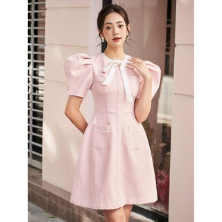 RECHIC Đầm Ladiva Màu Hồng cổ tròn tay phồng phối nơ xinh xắn dễ thương
