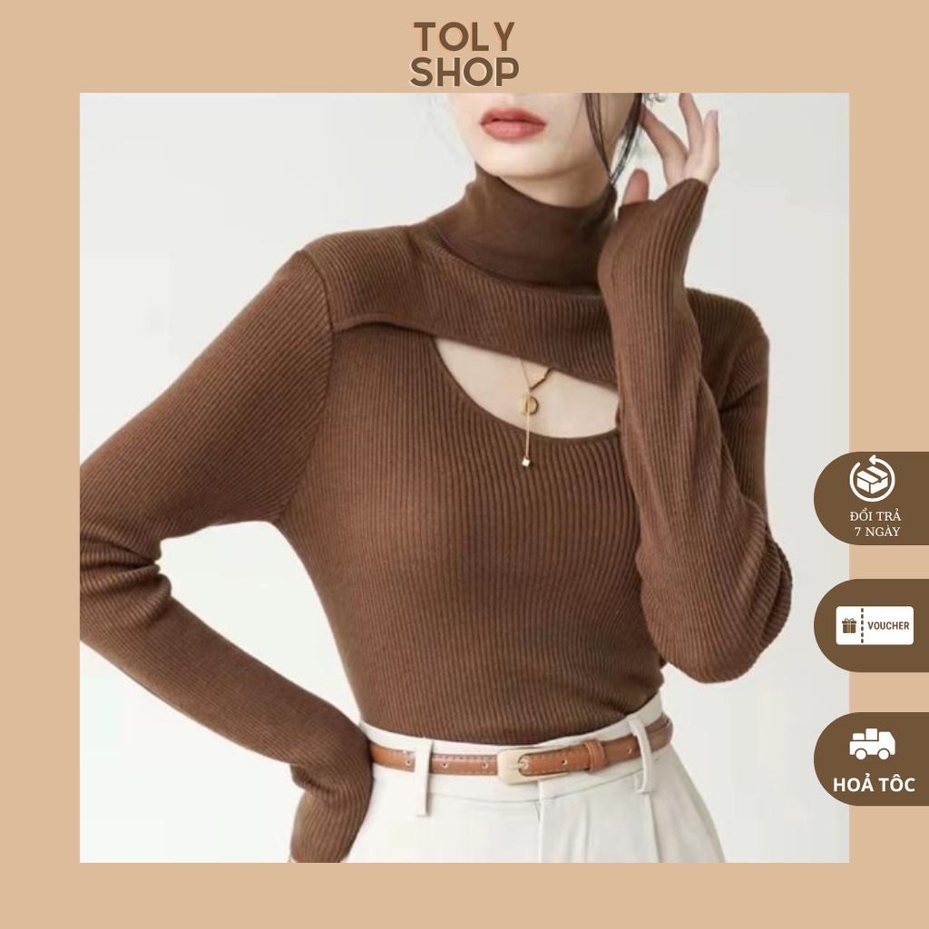 Áo len cổ trụ khoét ngực tay dài chất vải co giãn hai màu nâu, đen (hàng có sẵn) - TOLYSHOP