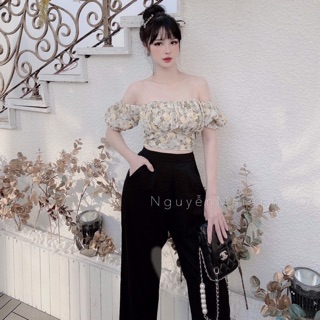 Set áo hoa trễ vai kèm quần đũi