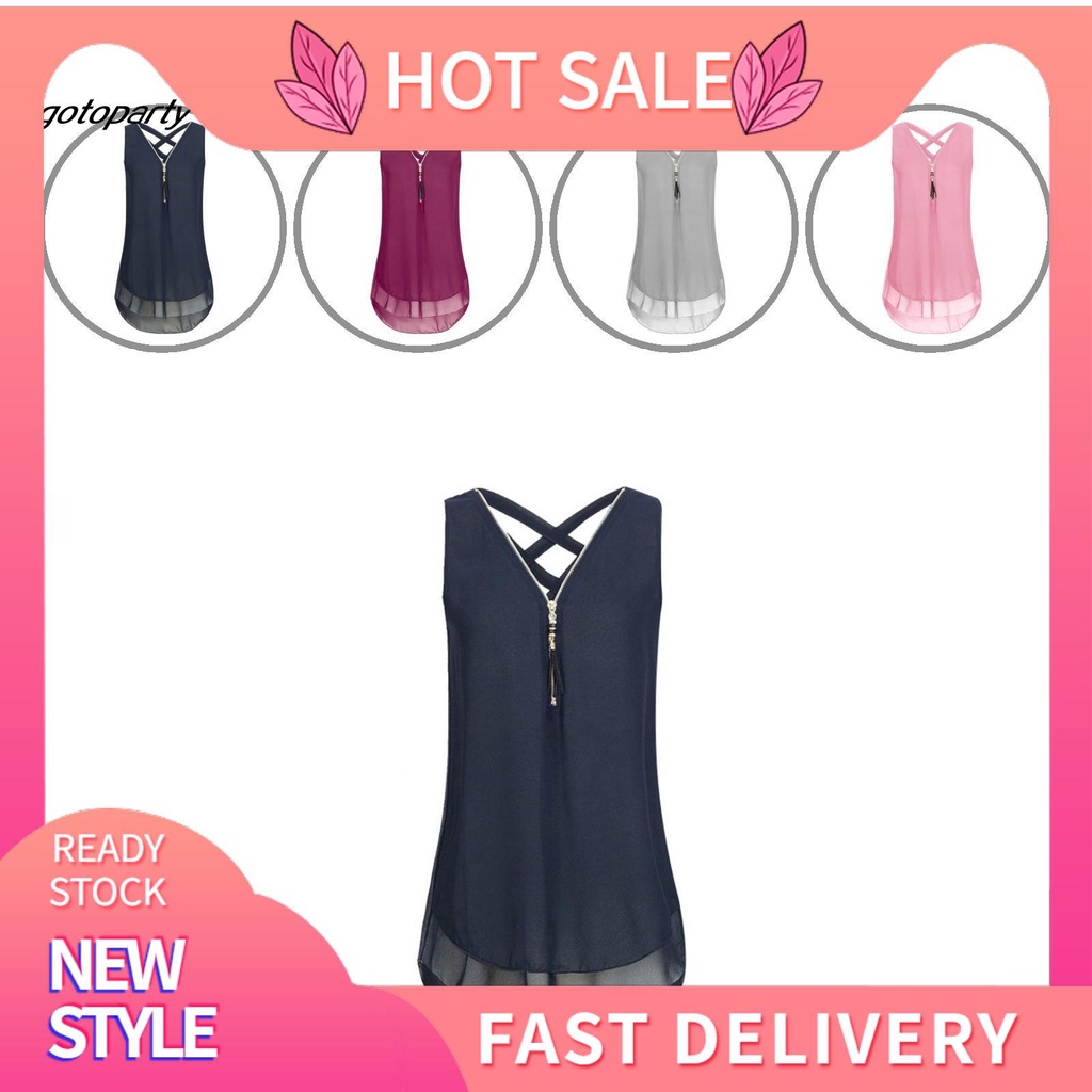 Áo voan sát nách cổ chữ V màu trơn có khóa kéo plus size cho nữ