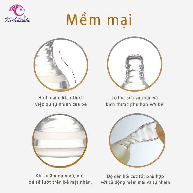 Bình sữa silicone cổ hẹp Kichilachi dung tích110ml núm ti siêu mềm chống đầy hơi khó tiêu