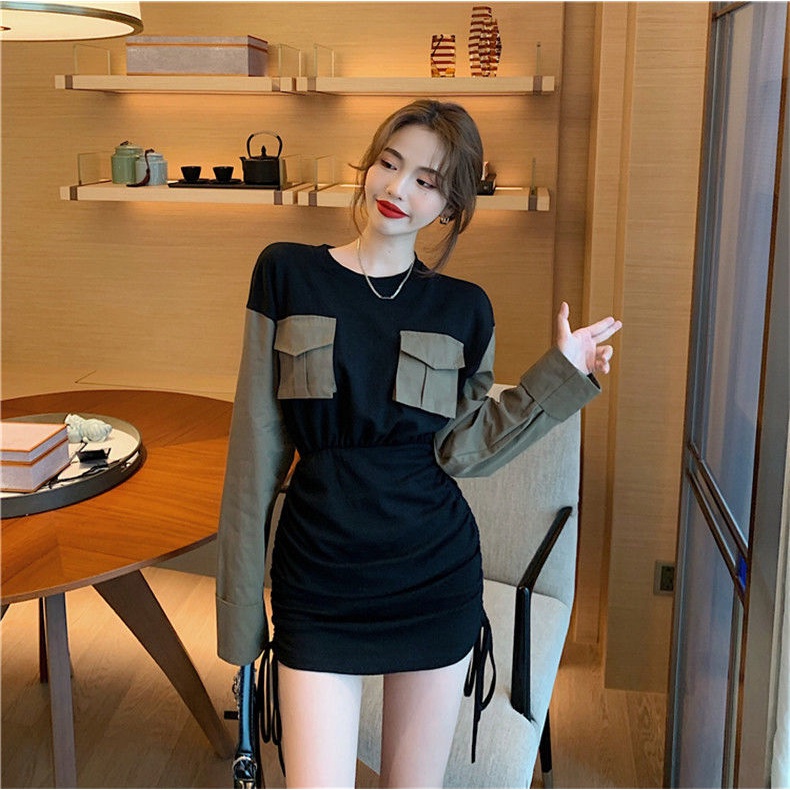 Đầm chiết eo tay dài tôn dáng phối màu thời trang mùa thu đông cho nữ size lớn M-4XL