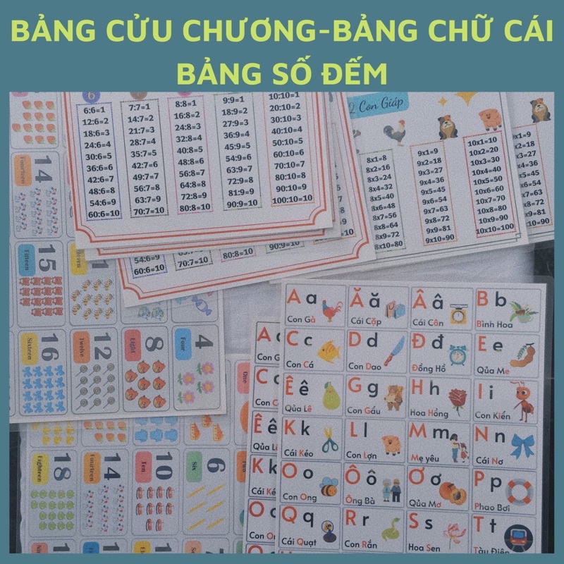 Bảng cửu chương, Bảng chữ cái, Bảng số đếm - ÉP PLASTIC: Dày, Không nhàu nát, Sắc nét, Có ví dụ, An toàn cho trẻ