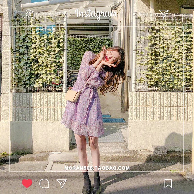 Váy MORAN hoa nhí dài tay dáng xòe Vintage Hàn Quốc | BigBuy360 - bigbuy360.vn