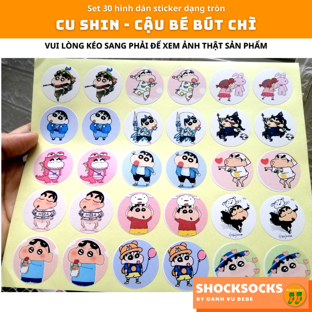 🔥30 HÌNH DÁN STICKER dạng tròn – hình CU SHIN/ DORAEMON/HELLO KITTY/CONAN 🔥