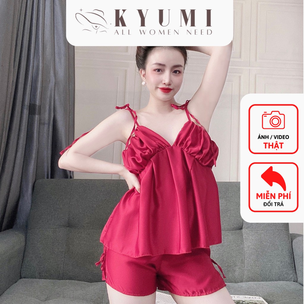 Đồ ngủ sexy đồ ngủ 2 dây xếp ly ngực cột nơ lưng KYUMI OFFICIAL, chất liệu lụa satin, freesize 40-65kg tùy chiều cao 031 | BigBuy360 - bigbuy360.vn