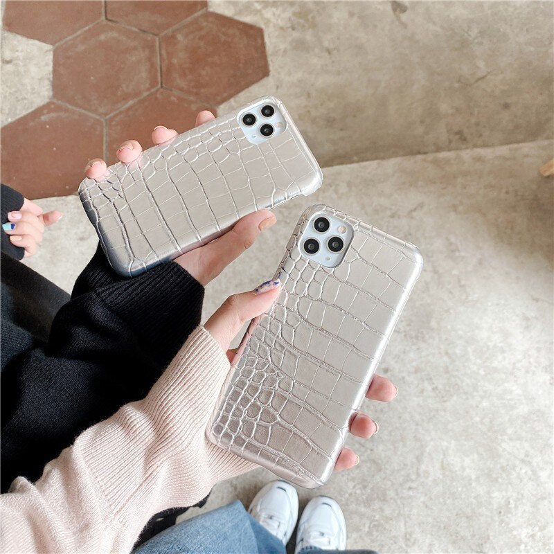 Fashion Silver Crocodile Pattern Soft Case For Iphone 11 12 Pro Max Mini 7 8 Plus Xr X Xs Max Se 2 Pu Leather Phone Cover Fundas