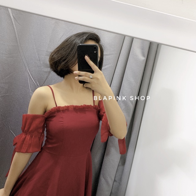 Váy 2 dây Calar Dress Blapink váy đỏ hai dây nữ phối tay trễ vai