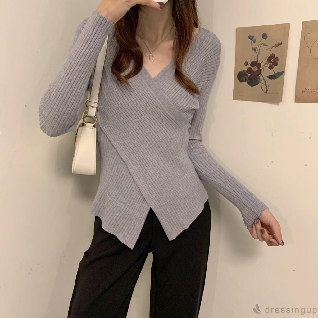 Áo dệt kim tay dài cổ chữ V màu trơn thời trang cho nữ