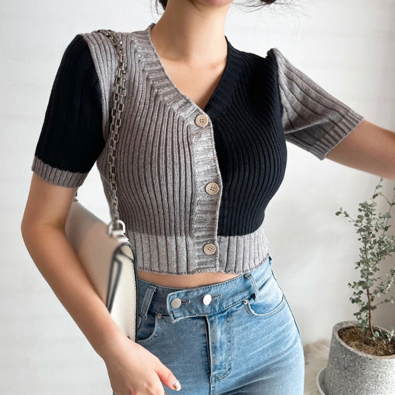Korean V-Neck Color Contrast Short-sleeved Cardigan Tops Women Sweet Exposed Navel Knitted Short-sleeved Shirt