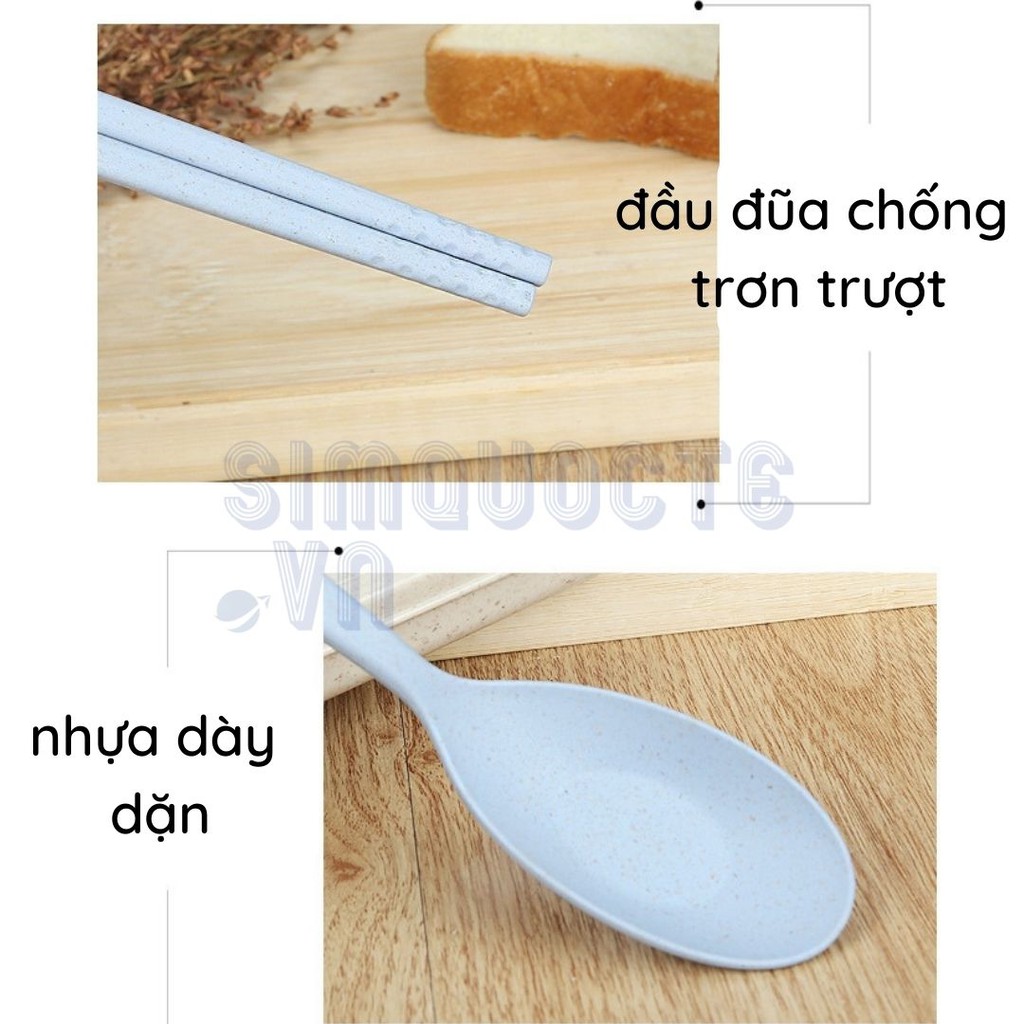 Bộ thìa dĩa đũa có hộp đựng bằng lúa mạch tập ăn cho bé, ăn trưa văn phòng, đi dã ngoại nhiều màu