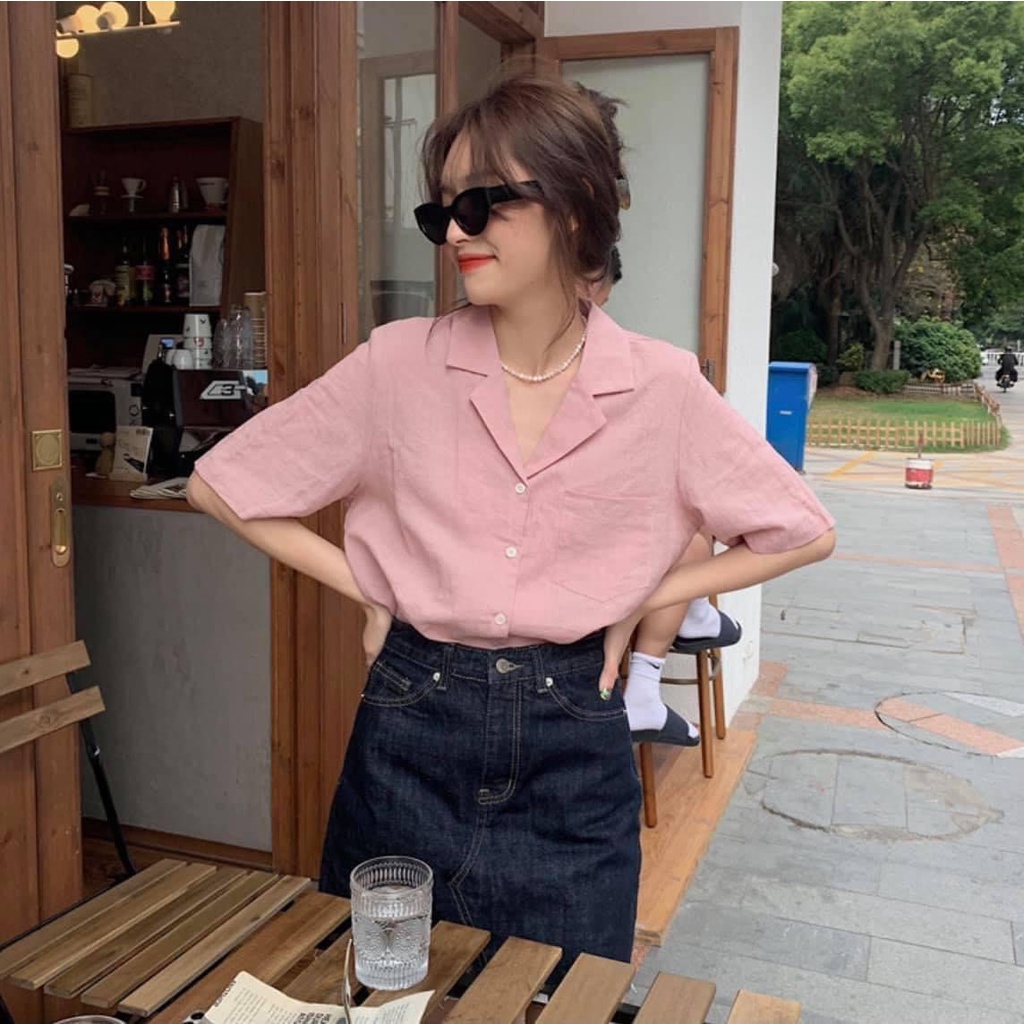 LOVI SHOP - Áo sơ mi cổ vest nữ tay lửng chất đũi 6 màu Áo tay lỡ cổ bẻ khuy cài form rộng dáng suông Lovi