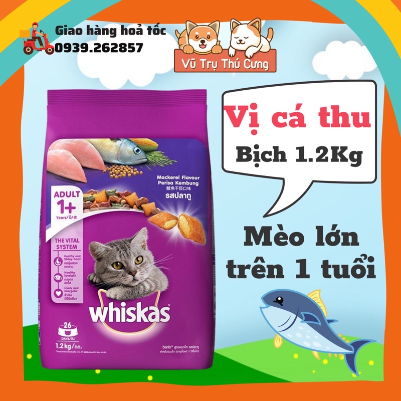 Hạt Whiskas dành cho mèo trưởng thành đủ 3 vị, bịch 1.2Kg