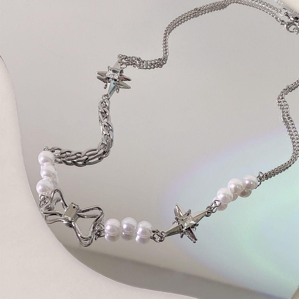 AROMA Vòng cổ Bằng Thép Titan Đính Ngọc Trai Và Ngôi Sao Sang Trọng Cá Tính