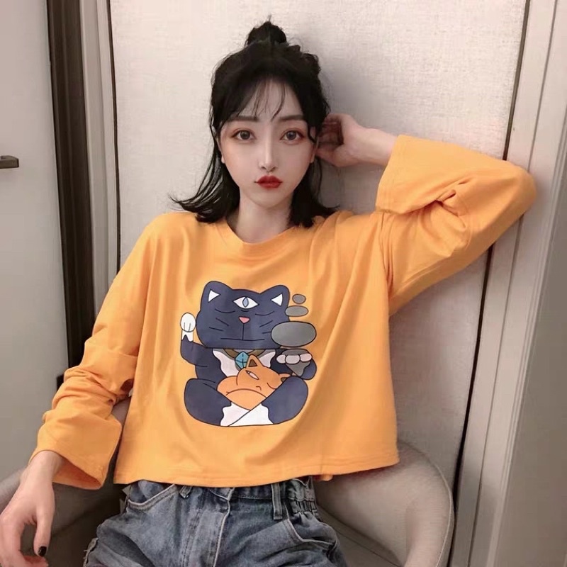 Áo dài tay croptop,áo phông croptop form rộng tay dài chất cotton dày đẹp in hình mèo