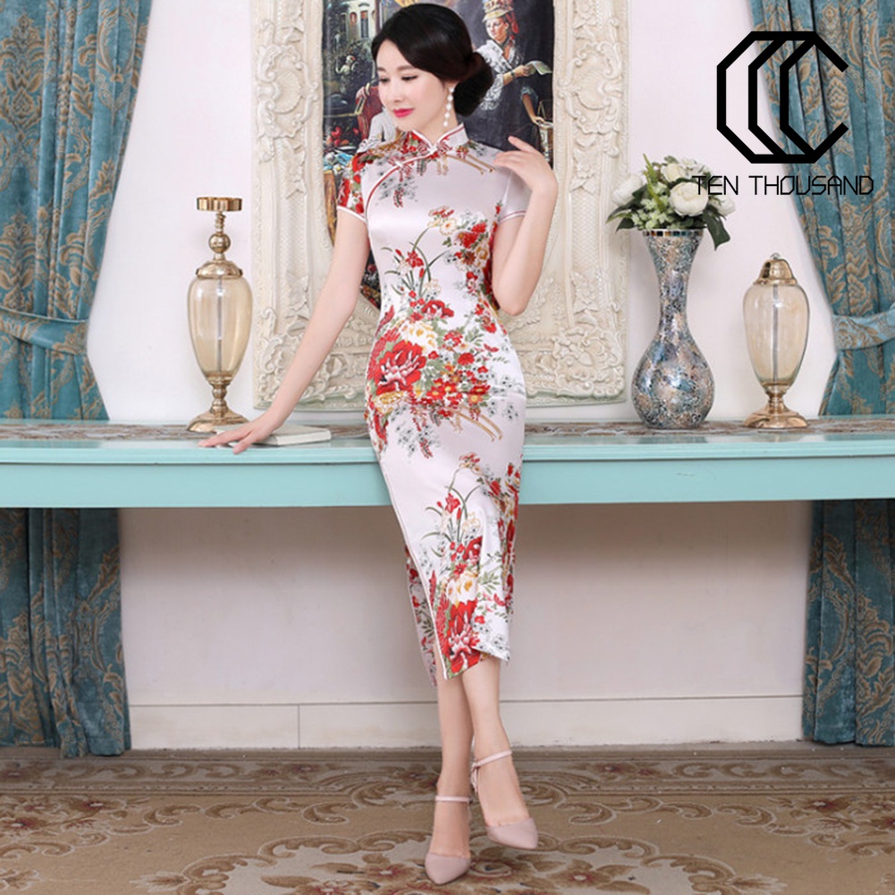 ♋Đầm Sườn Xám Cách Tân Cổ Đứng Xẻ Tà Họa Tiết Hoa Phong Cách Trung Quốc