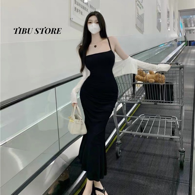 Đầm body hở lưng hai dây dáng dài TIBU, đầm đuôi cá kèm áo khoác cardigan len tăm nữ dự tiệc đi chơi