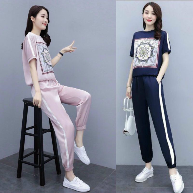 Set bộ nữ thun cotton in hoa văn, bộ quần áo thể thao nữ jogger style - KHV