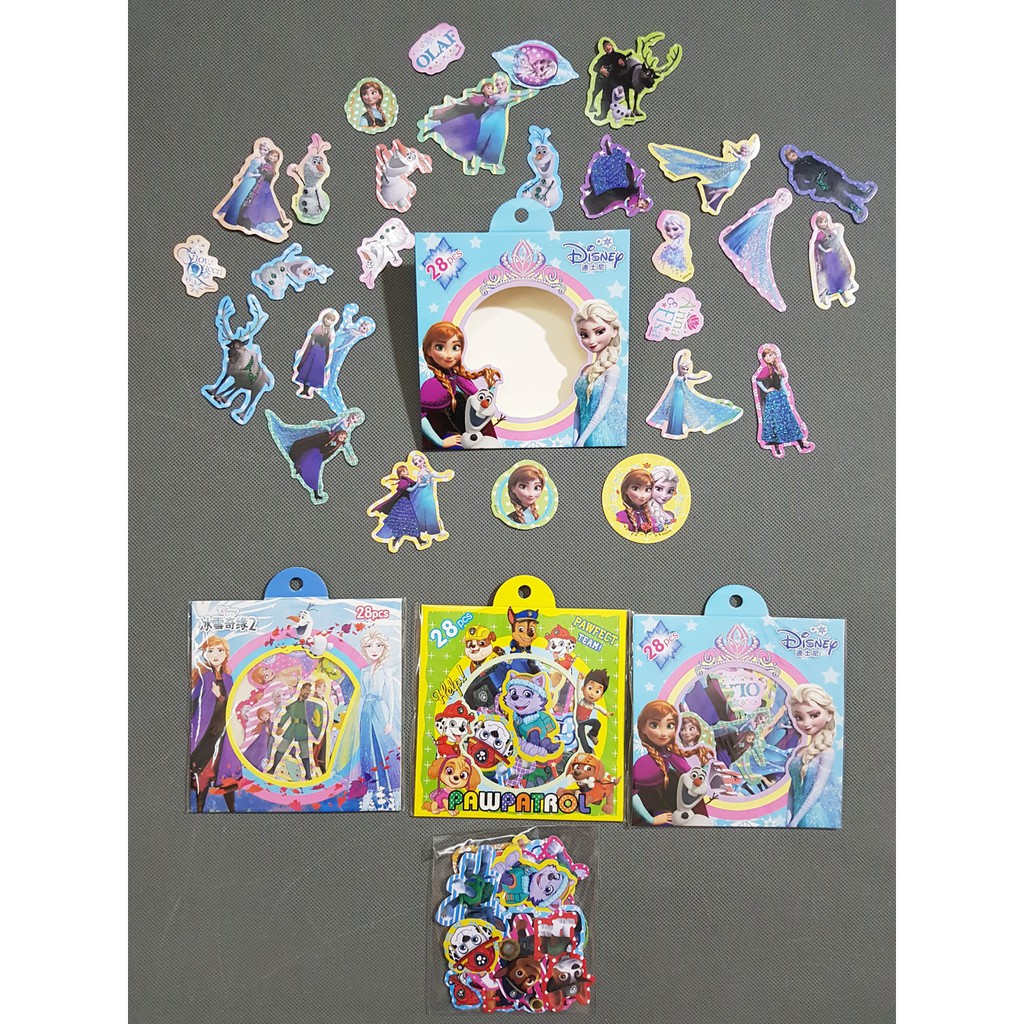 Bộ combo 28 miềng hình dán sticker kim tuyến phản quang hoạt hình elsa paw patrol,disney