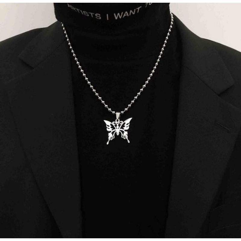 Vòng cổ bi thép titan không gỉ phối mặt hình bướm phong cách Retro dành cho nam và nữ Unisex