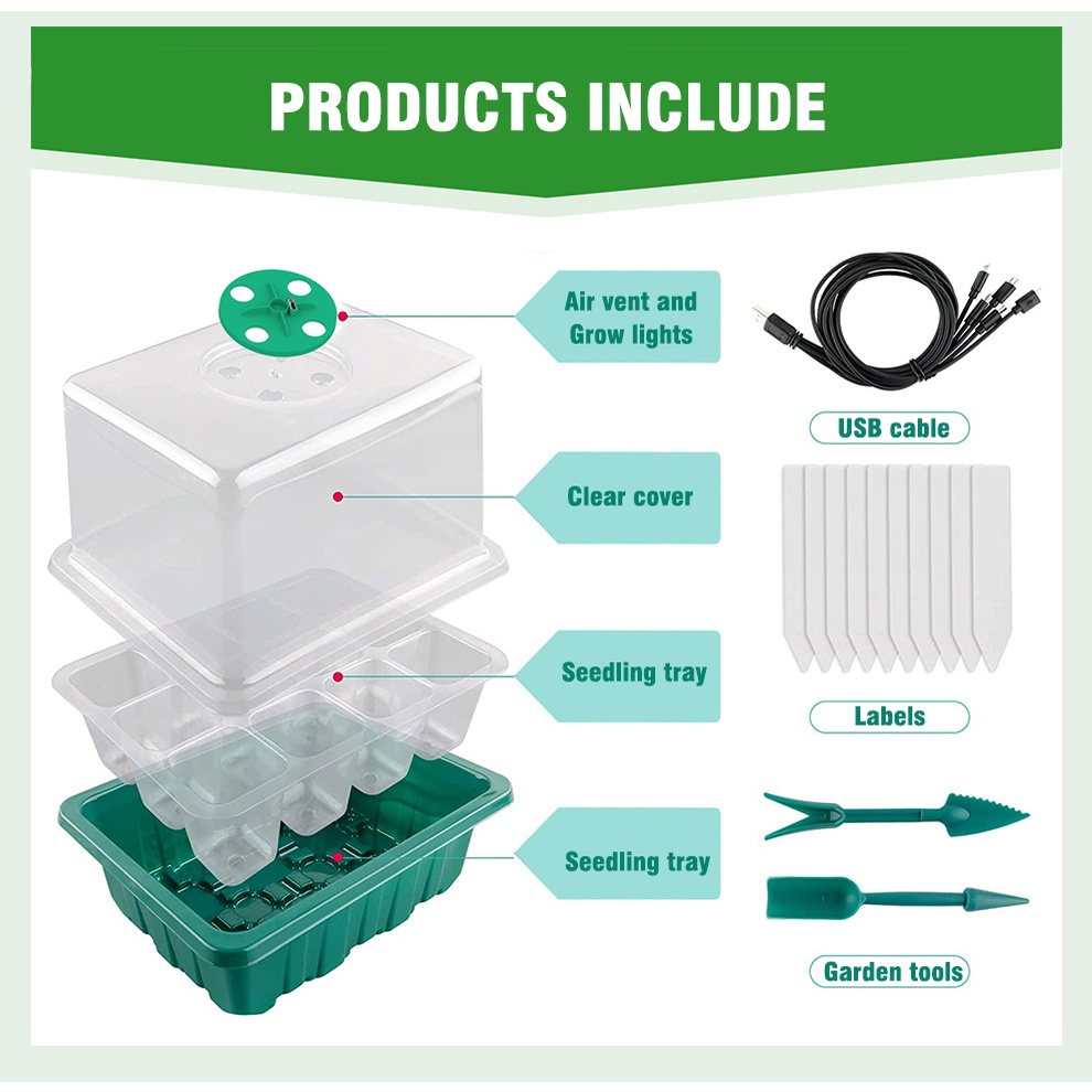 Set 5 Khay Gieo Hạt Trồng Cây 12 Lỗ Có Đèn LED Và Công Tắc Thời Gian Cho Nhà Kính