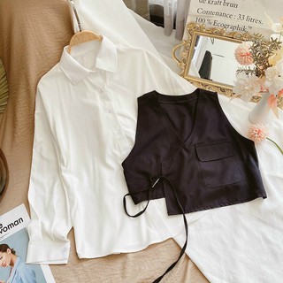 SET SƠ MI NỮ trắng kèm CROPTOP ghile đen