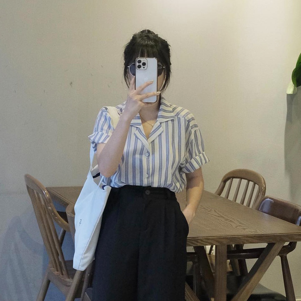 Áo sơ mi nữ, Áo sơ mi cổ vest kẻ sọc to cộc tay style Hàn Quốc