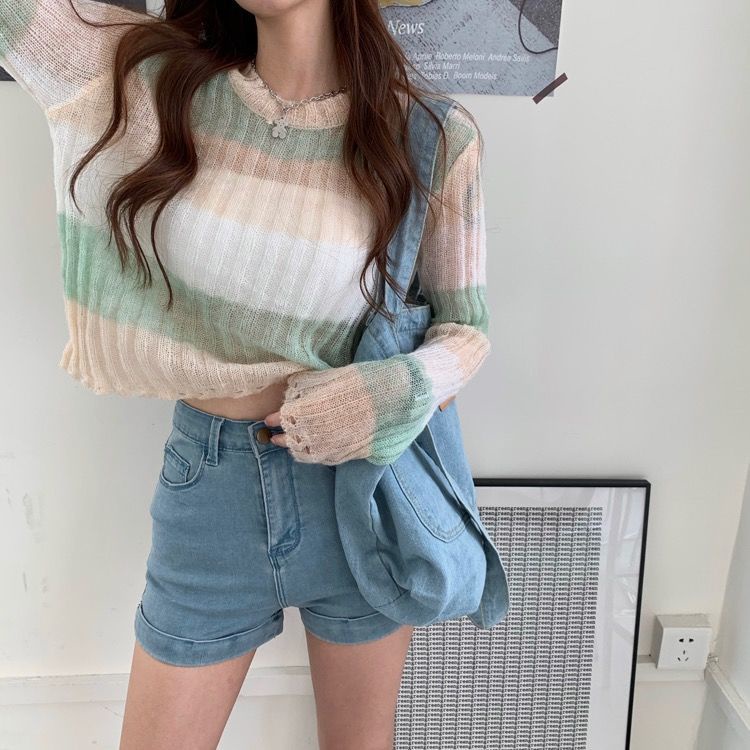 Áo sweater Mỏng Cổ Tròn Mềm Mại Phối Màu Tương Phản Phong Cách Hàn Quốc Thời Trang Xuân Thu Cho Nữ