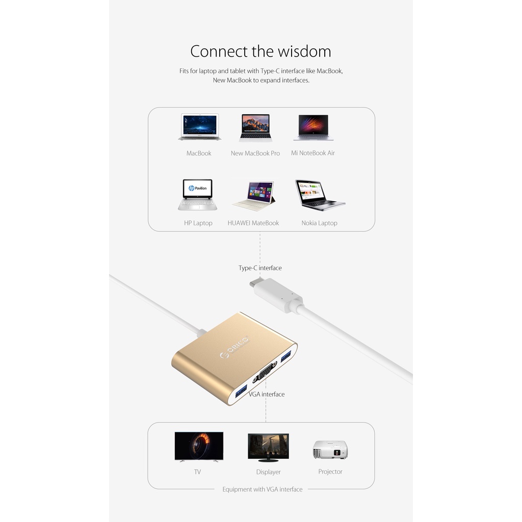 [ORICO] Hub Chuyển Type-C Sang VGA/Type-C/USB3.0-A*3 RCV3A Tương Thích Mac/Windows/Linux