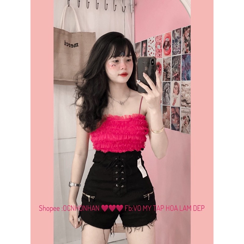 set áo hai dây nhún lưới phối quần short kaki | BigBuy360 - bigbuy360.vn