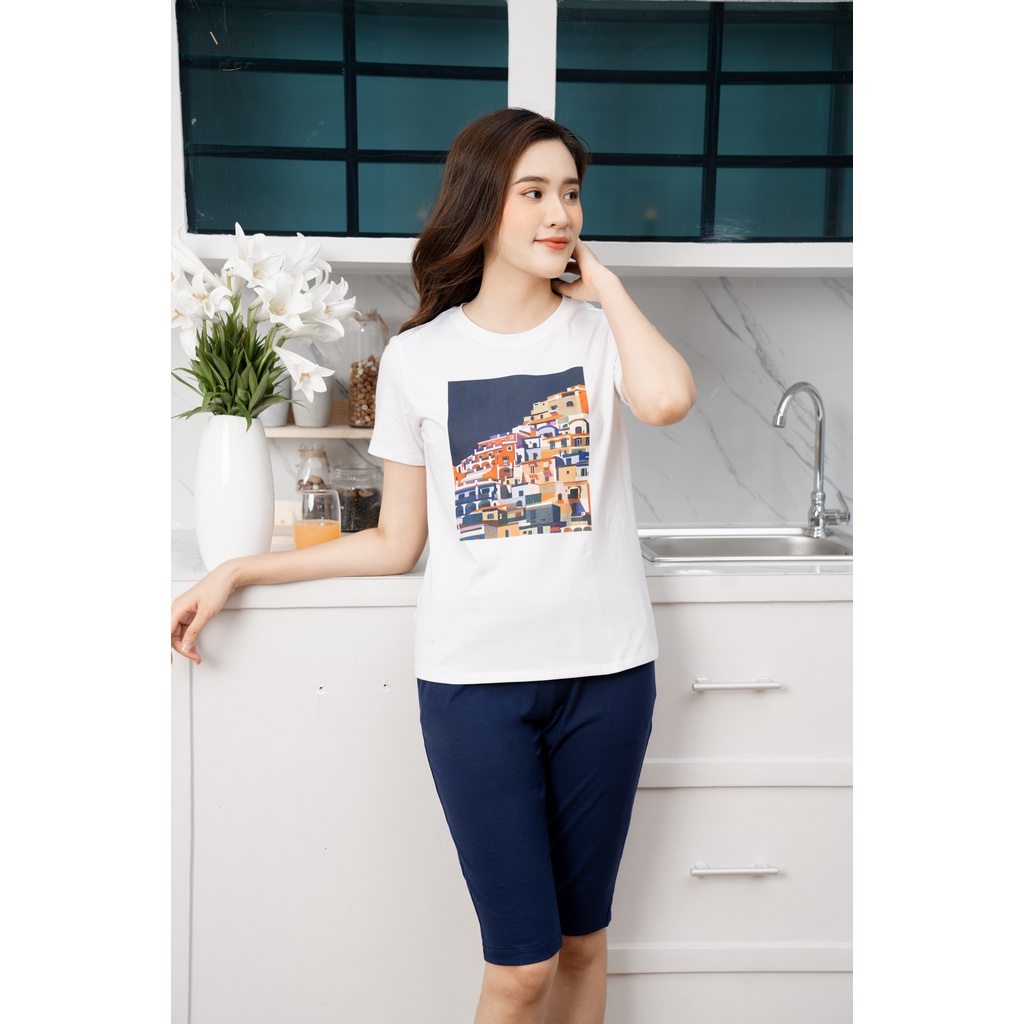 BỘ ÁO CỘC TAY QUẦN LỬNG COTTON MÀU XANH TÍM THAN IN HÌNH NGÔI NHÀ - XANH NAVY S1005-X