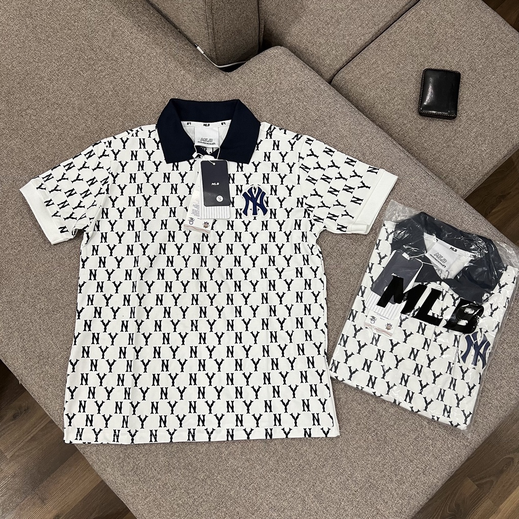 ẢNH THẬT / TRẮNG - Áo Polo MLB New York Monogram Cổ Xanh, Viền Tay Trắng VNXK - NY HÀNG XUẤT DƯ