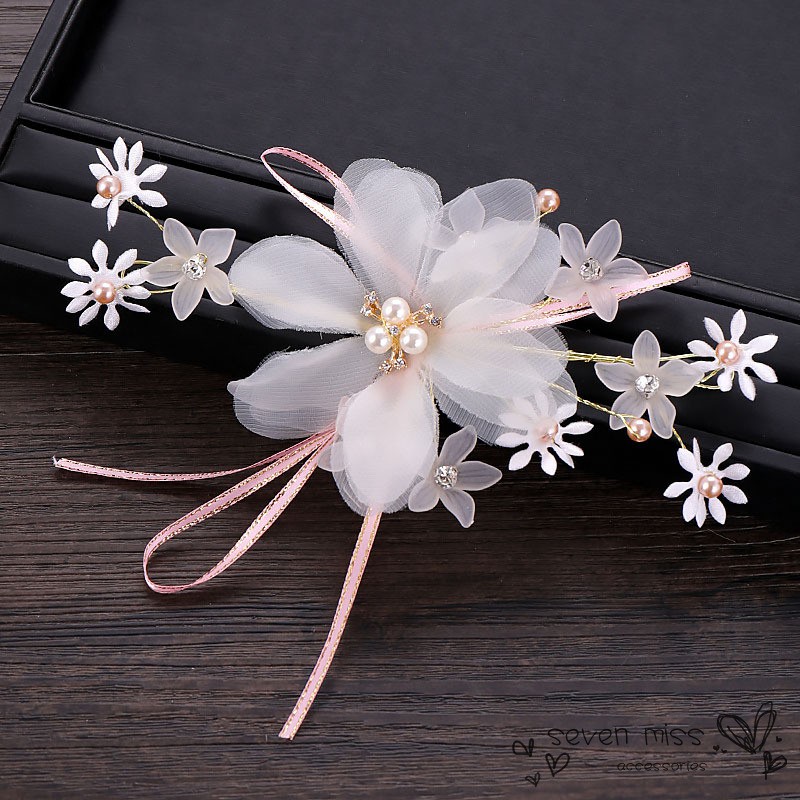 Cài tóc trang trí gắn hoa trắng handmade thanh lịch dành cho cô dâu