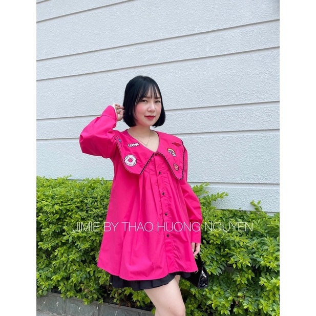Áo sơ mi cổ viền bèo thêu hình Áo sơ mi trắng hồng dáng babydoll chất thô lụa