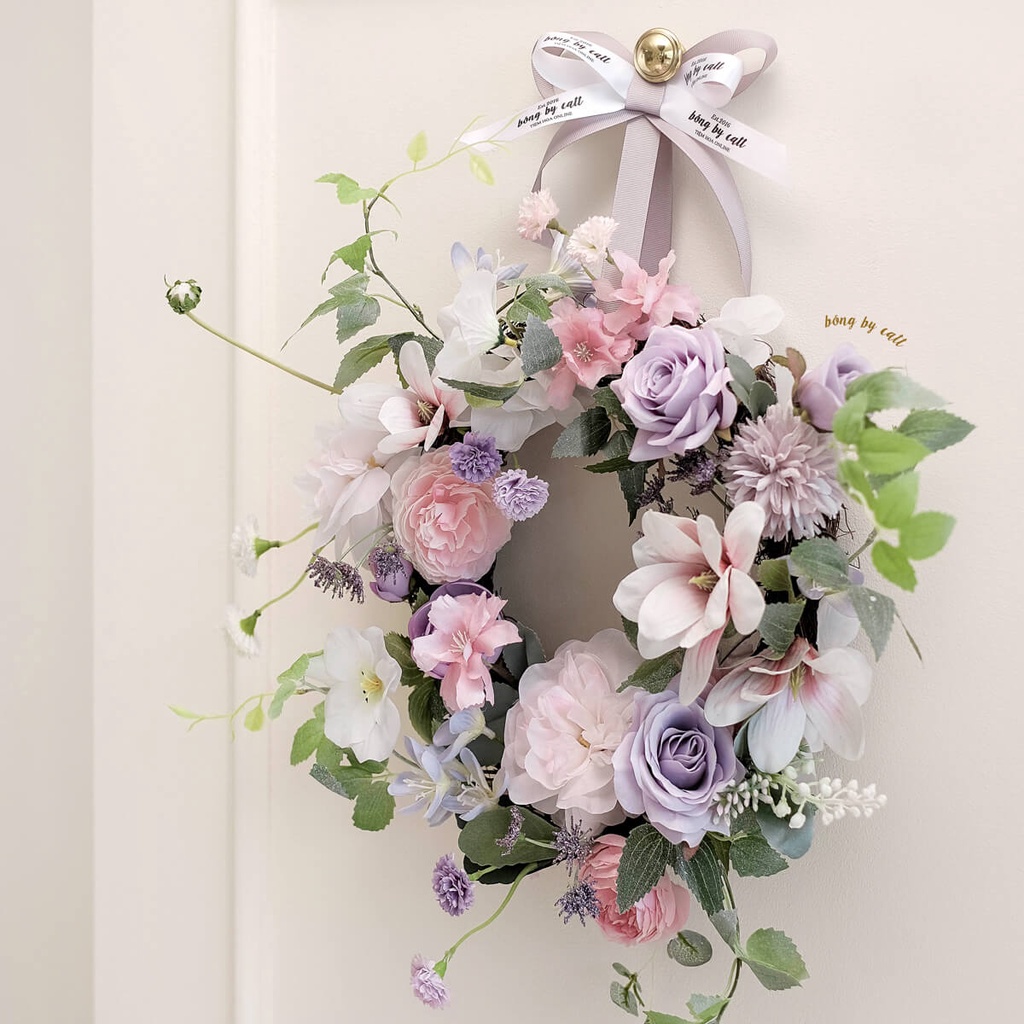 Vòng hoa treo cửa đẹp - vòng hoa trang trí phong cách Hàn Quốc màu tím xinh xắn thương hiệu BÔNG BY CATT