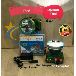 Đèn đội đầu lính t4-a thái/ 2 công tắc/ đèn báo pin/ cục sạc 2 chân