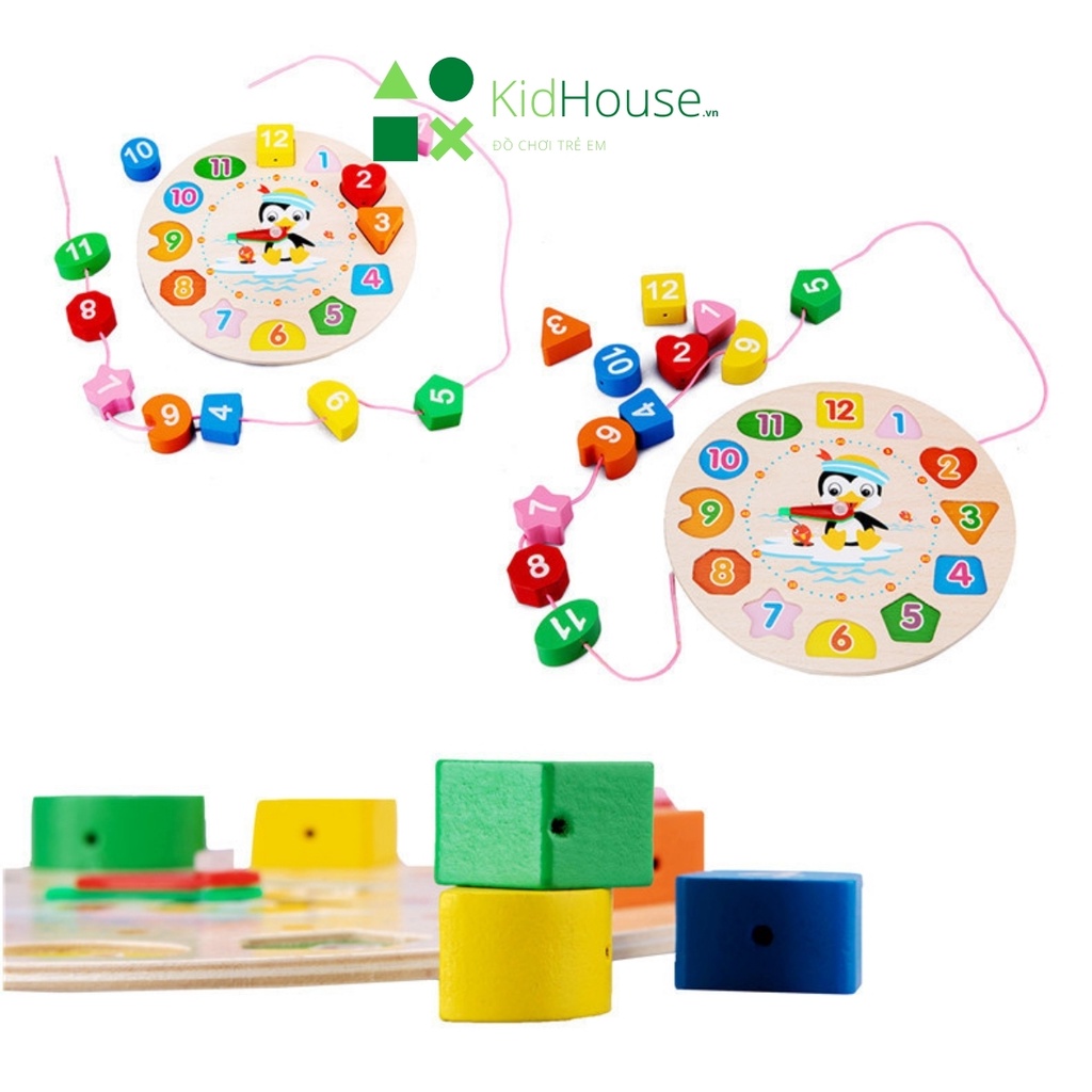 Đồ chơi gỗ montessori đồng hồ hình khối chim cánh cụt thông minh giúp bé học tập KidHouse.vn