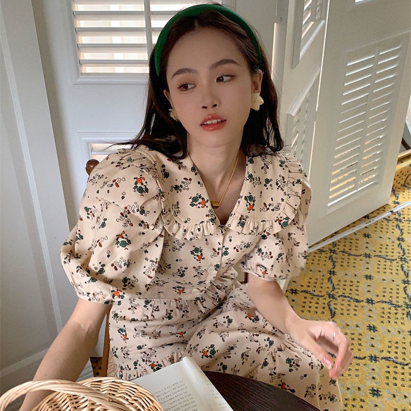 Set áo tay bong bóng kèm chân váy dáng chữ A thời trang phong cách Hàn Quốc xinh xắn