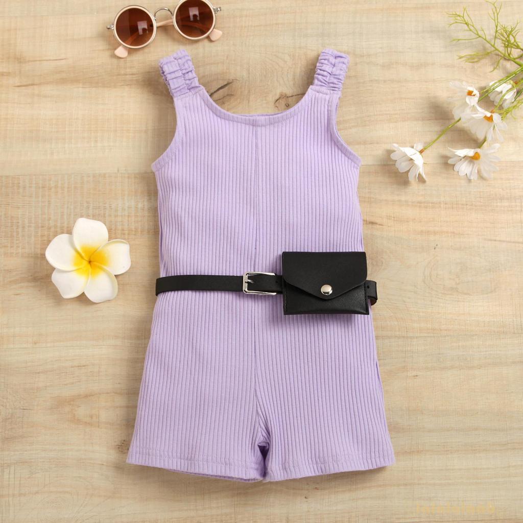 LAA6-Girl´s Jumpsuit Set, Wide Strap Sleeveless Ribbed Short Playsuit + Waist Bag