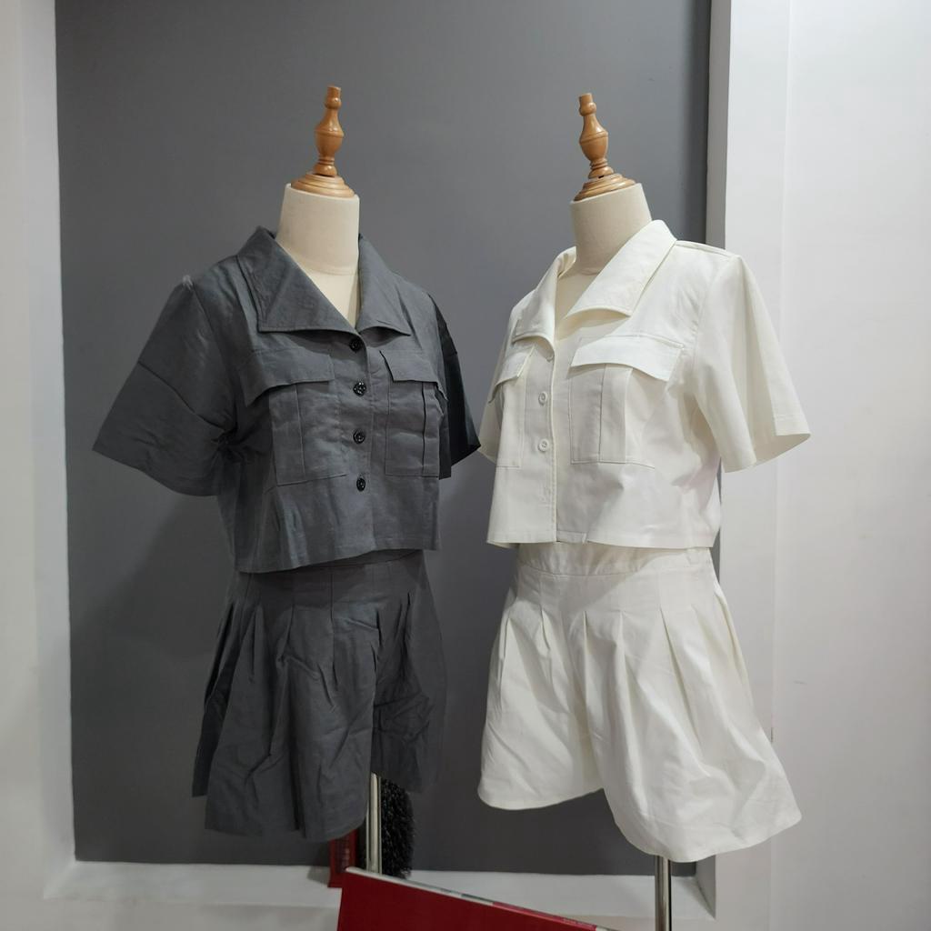 Set Đồ Nữ, Ngắn Tay, Cách Điệu Áo Vest, Quần Có Khóa Kéo Sau, Màu Xanh / Xám - Lovadova 22D04C002