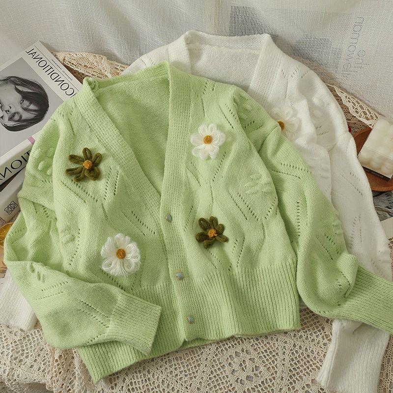 Áo Khoác Cardigan Dệt Kim Tay Dài Cổ Chữ V Màu Xanh Lá Thiết Kế Mới Thời Trang