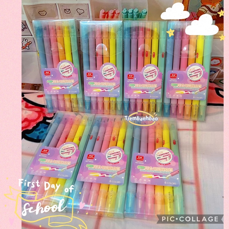 Bộ Bút Highligh 6 Cây màu pastel và Xoá 2 đầu đa năng