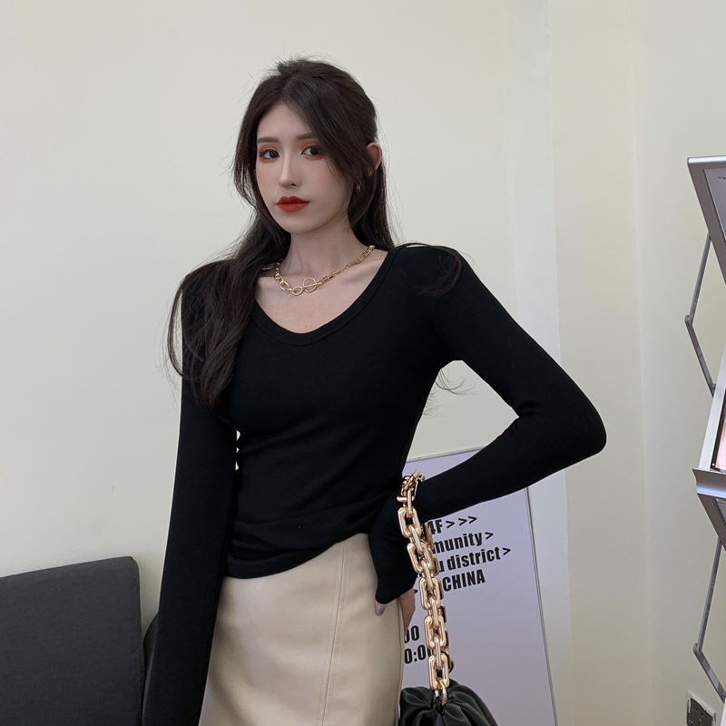 SUXI Áo Croptop Tay Dài Cổ Chữ V Màu Sắc Đơn Giản Cho Nữ