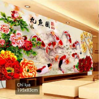Tranh thêu chữ thập Cửu ngư quần hội kt 195*83cm