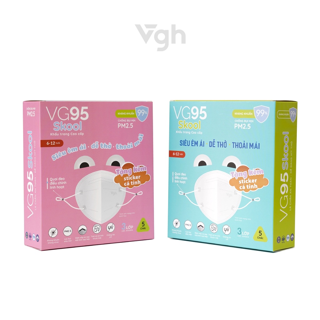 Khẩu trang trẻ em VG95 Skool kháng khuẩn, êm ái, dễ thở, dễ thương, thoải mái - Chính hãng VG Healthcare - Hộp 5 chiếc