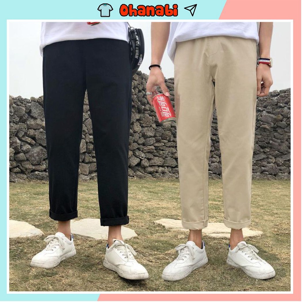 Quần kaki nam nữ ống suông basic baggy form rộng mềm mịn cao cấp màu đen và be đẹp thời trang đi học hàn quốc OHANABI