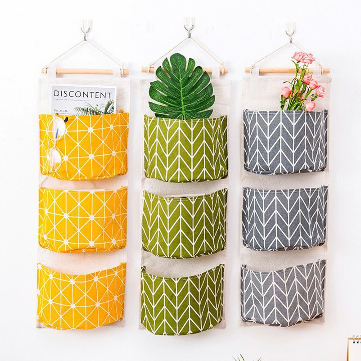 Túi vải đựng đồ 3 ngăn tiện dụng, Túi treo tường treo đồ, trang trí bếp, nhà cửa chất không thấm nước, đồ dùng nhà bếp